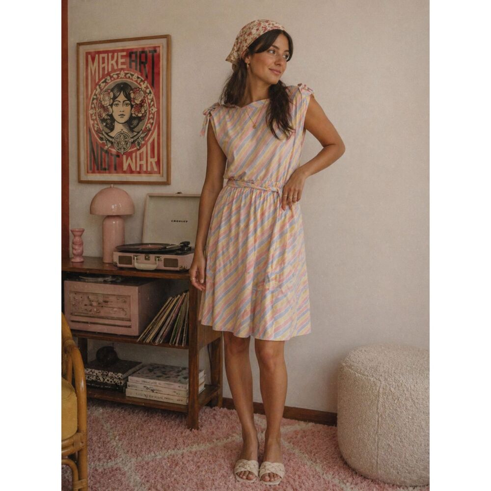 Vtg Midi Dress Sz 6 Pastel Striped Retro Soft Girl Feminine Cottagecore Romantic